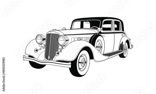 Vintage car black white vector art drawing of a classic elegant vehicle