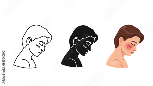 Set of three profile illustrations of a sad or shy person with eyes closed, showing line art, silhouette and full color versions