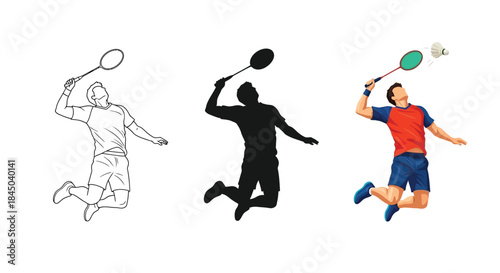 Badminton player jumping to hit a shuttlecock, showing line art, silhouette and full color illustration variations