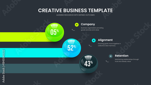 Clean Visualization Three Element Chart Slide Layout. Elegant Campaign Slideshow Template Vector Illustration. Visual Strategy 3 Step Infographic Presentation Design.