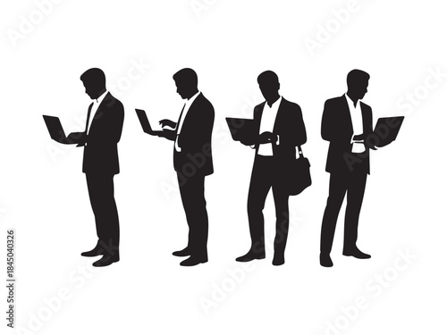 Silhouettes of diverse business people standing with laptop, men, women full length using computer. Man with laptop silhouette.
