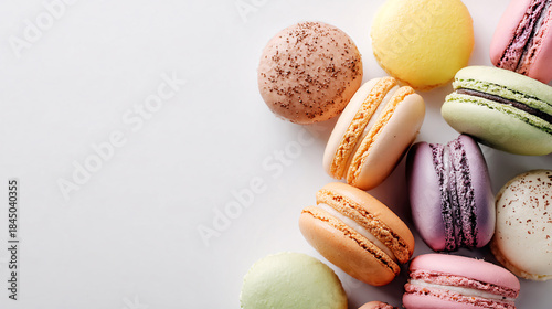 Colorful French macarons scattered on white background overhead view