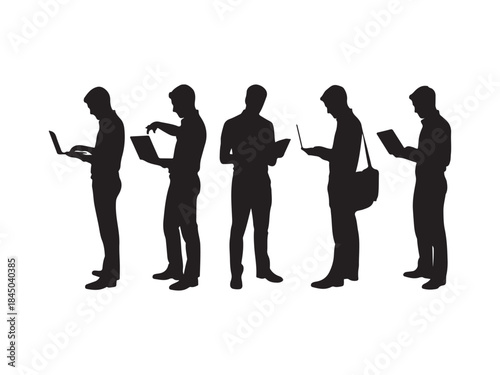 Silhouettes of diverse business people standing with laptop, men, women full length using computer. Man with laptop silhouette.