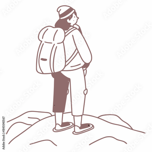 Woman hiker standing on mountain top with backpack