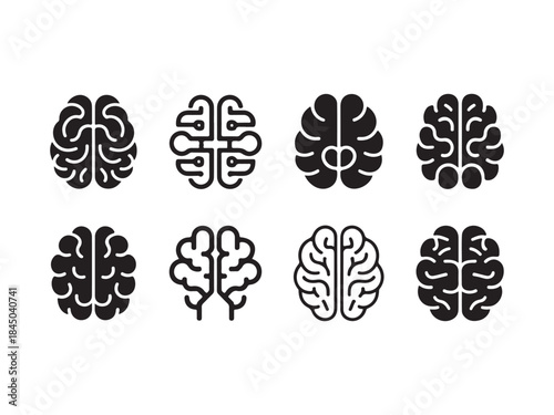 Human Brain Icon Set, Head Silhouette with Neural Structure in Bold and Outline Style, Brain icon in trendy flat style design. Vector graphic illustration. 