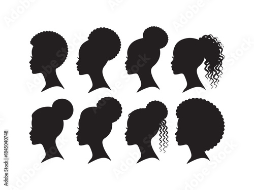 Set of silhouette afro girl. Collection of black woman face with stylized hairstyle. 