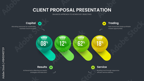 Visual Briefing Four Step Graph Slide Layout. Minimal Report 4 Option Infographic Slideshow Design. Modern Profile Frame Template Vector Illustration.