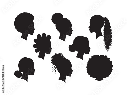 Set of silhouette afro girl. Collection of black woman face with stylized hairstyle. 