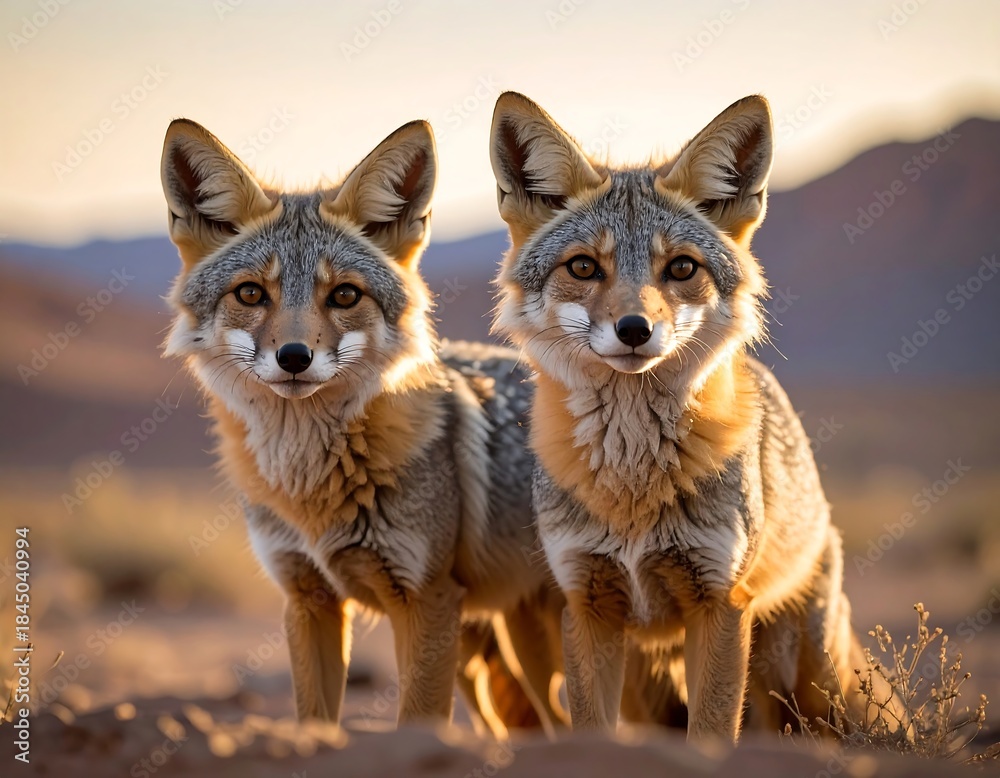 Fototapeta premium Two Swift Foxes Posing in the Desert at Sunset.