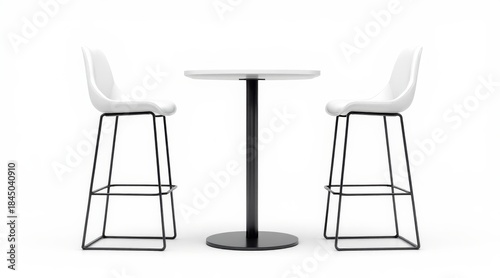 Modern white bar stool with black metal frame and matching round pedestal table isolated on white background