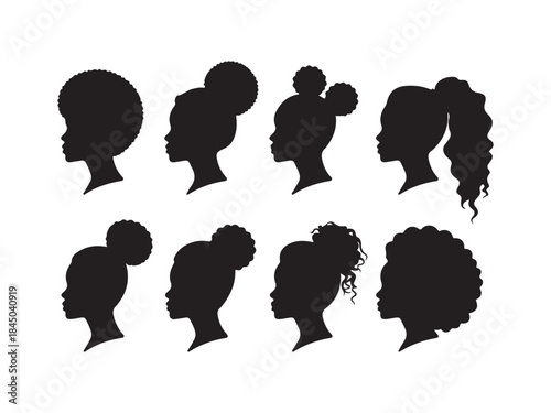 Set of silhouette afro girl. Collection of black woman face with stylized hairstyle. 