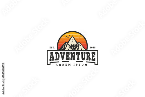 Adventure outdoor logo with mountain and sunset vintage badge design