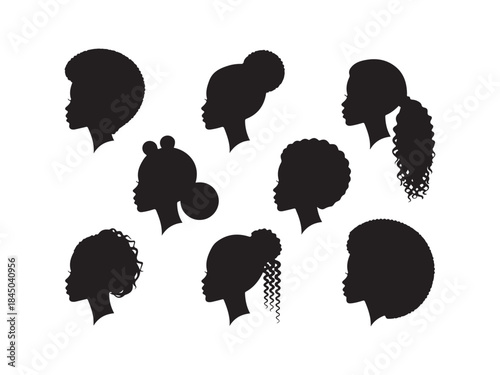 Set of silhouette afro girl. Collection of black woman face with stylized hairstyle. 