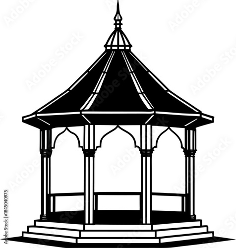 A black and white silhouette of a gazebo is centered against a stark white background. The gazebo is octagonal with a detailed, pointed roof. The roof has eight sloping segments meeting at a central f