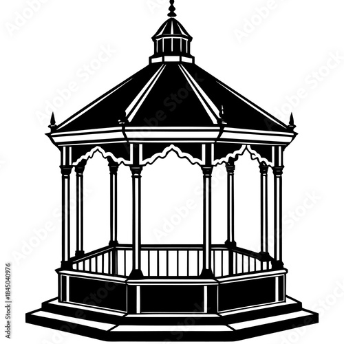 A black and white silhouette of a gazebo is centered against a stark white background. The gazebo is octagonal with a detailed, pointed roof. The roof has eight sloping segments meeting at a central f
