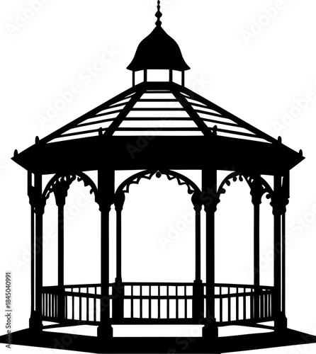 A black and white silhouette of a gazebo is centered against a stark white background. The gazebo is octagonal with a detailed, pointed roof. The roof has eight sloping segments meeting at a central f