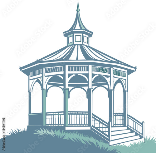 A black and white silhouette of a gazebo is centered against a stark white background. The gazebo is octagonal with a detailed, pointed roof. The roof has eight sloping segments meeting at a central f