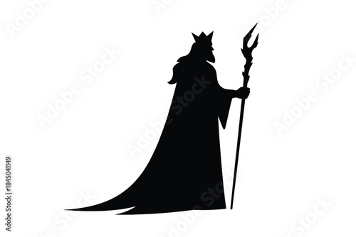 Regal king figure holding trident staff black silhouette crown