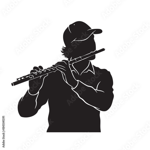 a_man_playing_the_flute_silhouetted_on_a_white_background_traced
