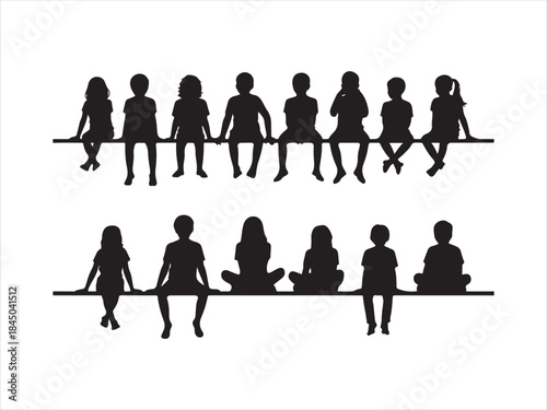 Children silhouette on bench with enthusiastic hand gestures vector illustration,. 