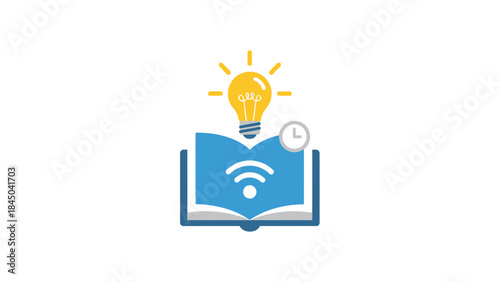 Open Book with Light Bulb and Wi-Fi Symbol.
