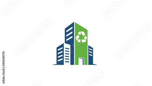 Eco friendly building with recycling symbol on green facade.