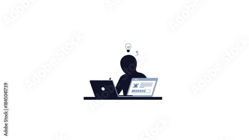 Silhouette of a person working on two laptops with musical notes above their head.