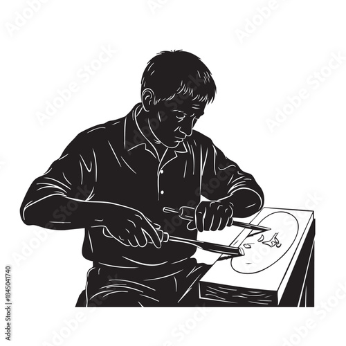 Artist Sculptor Engraver Carving Wood Block with Tools Craftsmanship Silhouette Vector Art Man Engraving Creative Work