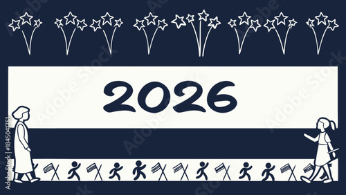 New year celebration 2026 with people running and fireworks on dark background