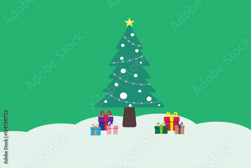 Christmas tree with ornate and gift boxes.