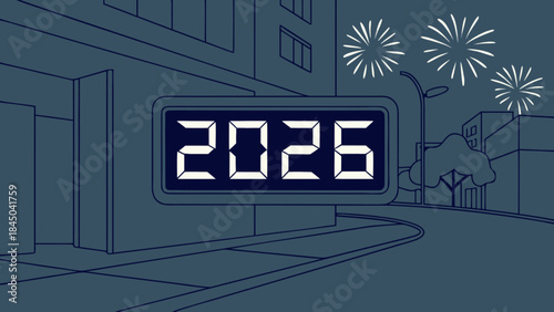 Digital sign displaying 2026 on a city street at night with fireworks in the background on a new year's eve celebration