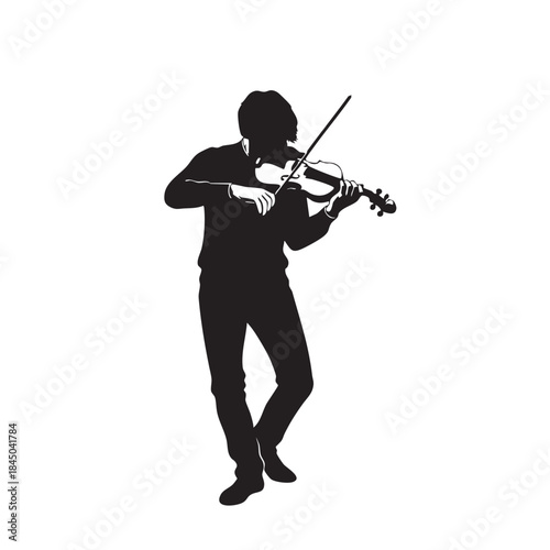 Solo Violinist Playing Instrument Silhouette Vector Art Man Performing Classical Instrumental Composition on Stage
