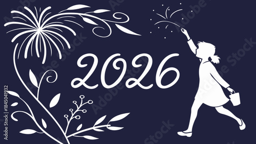 Happy new year 2026 celebration with a little girl playing with fireworks and floral decorations on a dark background