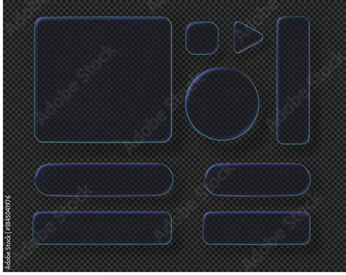 A set of glass interface buttons 3D. Purple and blue gradients of transparent glass. Dark geometric shapes on a transparent background.