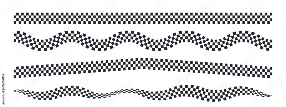 Fototapeta premium Checkered race flag waves and straight ribbons. Finish line patterns in classic black-white squares. F1 circuit banner graphics for motorsport winner celebrations.