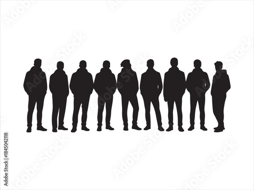 People standing in row silhouette vector, Diverse group of people standing together in silhouette vector ill
