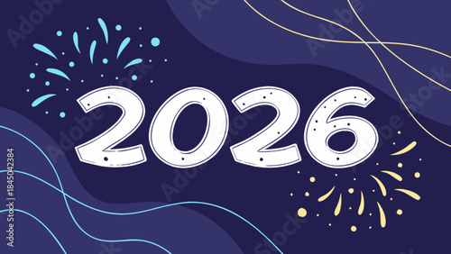 New year 2026 celebration with fireworks on dark blue background
