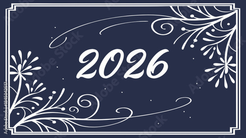 Dark blue 2026 new year celebration background with white floral designs and swirling patterns