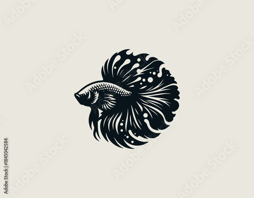 Elegant monstera leaf and betta fish combination represents nature harmony in a modern black vector logo illustration