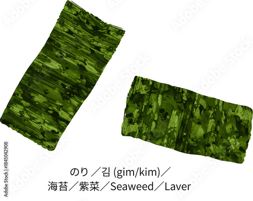 Two pieces of dried nori seaweed sheets isolated on white background Asian food cooking ingredient