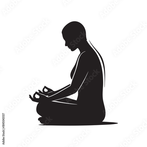 Black silhouette of a woman meditating in a lotus position, with hands in a mudra gesture, symbolizing peace, mindfulness, and spiritual practice.