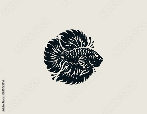 Elegant monstera leaf and betta fish combination represents nature harmony in a modern black vector logo illustration