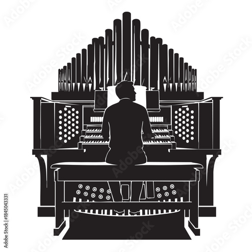 Musician silhouette plays church organ pipe musical instrument creating classical melody sounds illustration