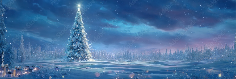 Fototapeta premium winter christmas panoramic landscape snow night forest village lights cinematic ultra wide snowy night panorama with