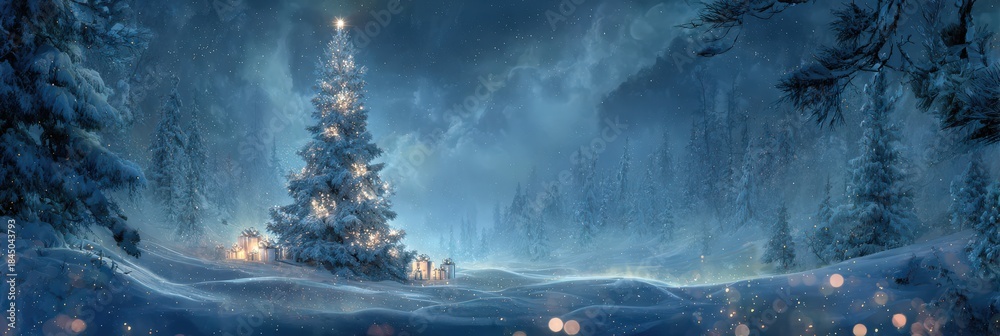 Fototapeta premium winter christmas panoramic landscape snow night forest village lights cinematic ultra wide snowy night panorama with