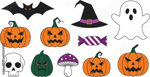 Set of halloween greeting card designs with textured grainy modern illustrations featuring ghost pattern, stack of pumpkins, night cemetery and cute spider,