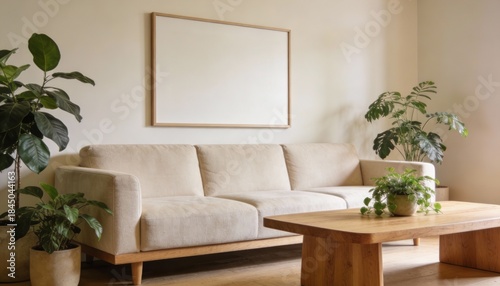 Cozy Scandinavian Living Room with Blank Wall Art Mockup