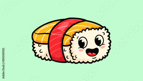 Cartoon sushi with a happy face, rice, salmon, and a red nori seaweed wrap on a light green background.