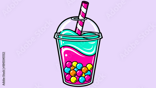 Illustration of a colorful bubble tea drink with a straw in a clear plastic cup.