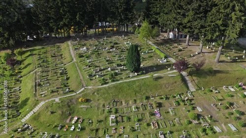 Aerial view of the cemetery in Villa La Angostura, Patagonia, Argentina, surrounded by forest and greenery. The image evokes themes of death, remembrance, religion, spirituality, and peaceful 